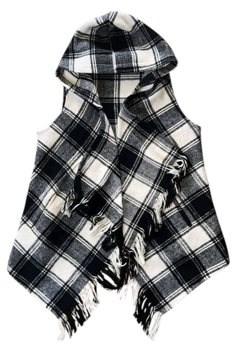 Hyfve Wool Blend Black & White Plaid Hoodie Vest w/ Fringe Large